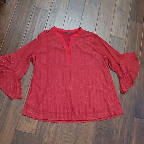 Lotusmile Tops - Lotusmile Ruby Red Blouse with Sheer Bell Sleeves & Silver Threading size XXL